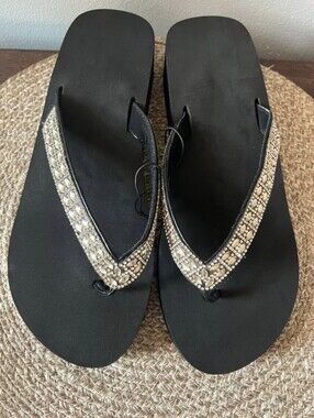 Sun & Sky Platform Sandals with Rhinestones Size 9-10 Women's Black.